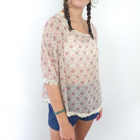 Free People Floral Semisheer Blouse Small, Tan Pink Flowers, Crochet Trim, Boho - Picture 10 of 10